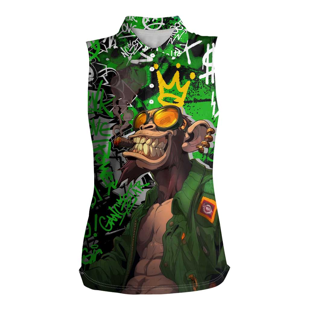 Graffiti Street Art Women Sleeveless Polo Shirt Smoking Ape Character and Neon Crown Symbols in Green and Yellow Graphic Design - Wonder Print Shop