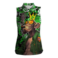 Graffiti Street Art Women Sleeveless Polo Shirt Smoking Ape Character and Neon Crown Symbols in Green and Yellow Graphic Design - Wonder Print Shop