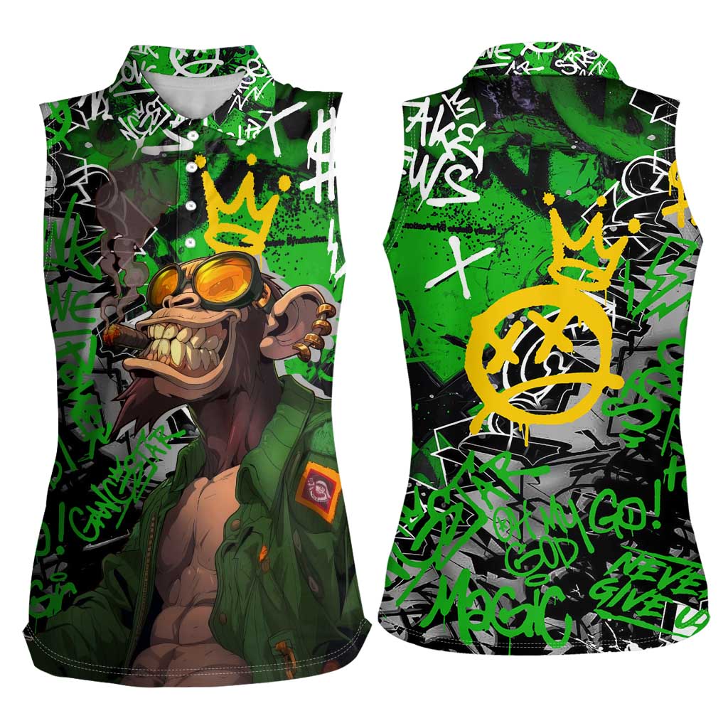 Graffiti Street Art Women Sleeveless Polo Shirt Smoking Ape Character and Neon Crown Symbols in Green and Yellow Graphic Design - Wonder Print Shop