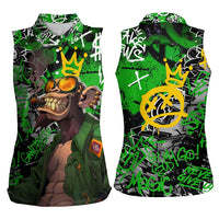 Graffiti Street Art Women Sleeveless Polo Shirt Smoking Ape Character and Neon Crown Symbols in Green and Yellow Graphic Design - Wonder Print Shop