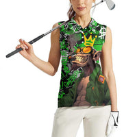 Graffiti Street Art Women Sleeveless Polo Shirt Smoking Ape Character and Neon Crown Symbols in Green and Yellow Graphic Design - Wonder Print Shop