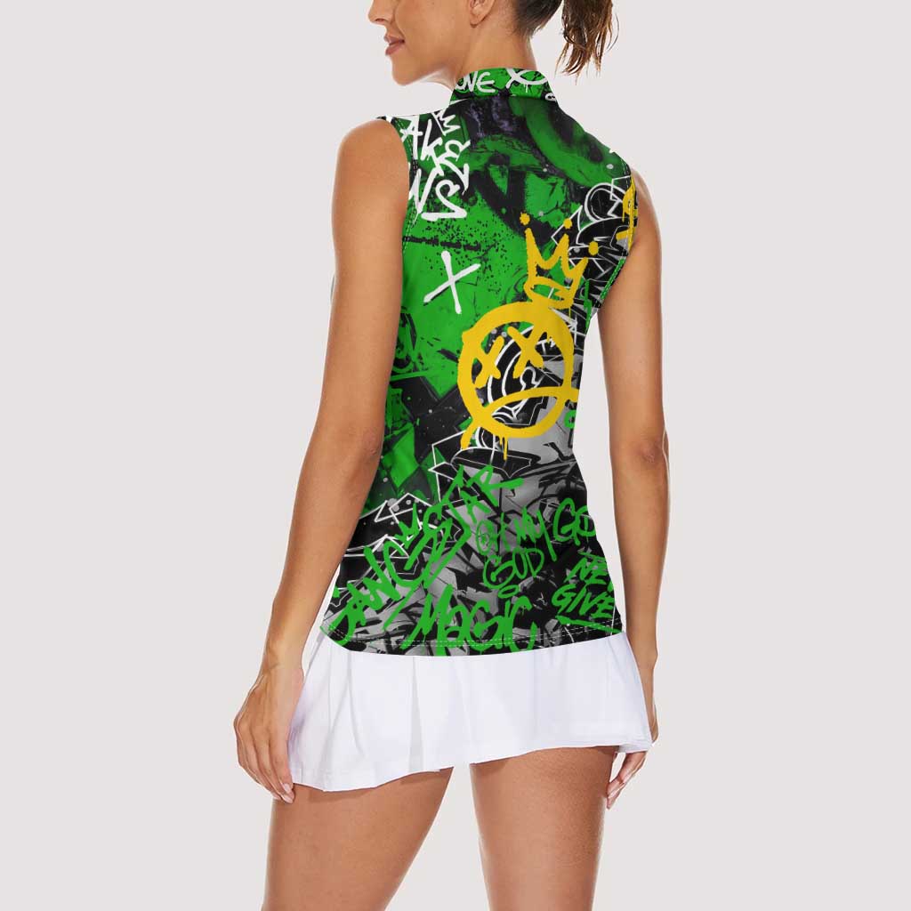 Graffiti Street Art Women Sleeveless Polo Shirt Smoking Ape Character and Neon Crown Symbols in Green and Yellow Graphic Design - Wonder Print Shop