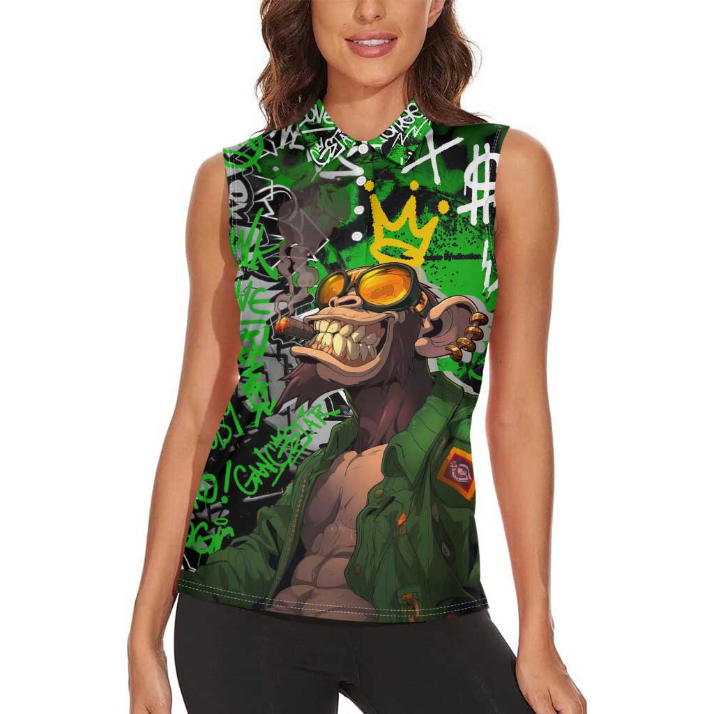 Graffiti Street Art Women Sleeveless Polo Shirt Smoking Ape Character and Neon Crown Symbols in Green and Yellow Graphic Design - Wonder Print Shop