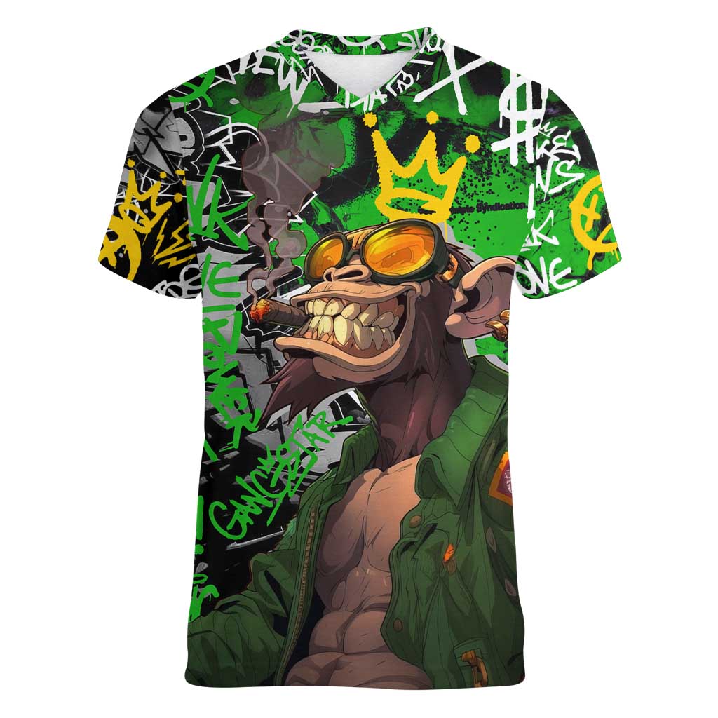 Graffiti Street Art Women V-Neck T-Shirt Smoking Ape Character and Neon Crown Symbols in Green and Yellow Graphic Design - Wonder Print Shop