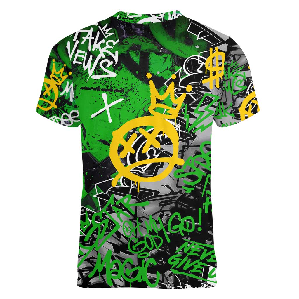 Graffiti Street Art Women V-Neck T-Shirt Smoking Ape Character and Neon Crown Symbols in Green and Yellow Graphic Design - Wonder Print Shop