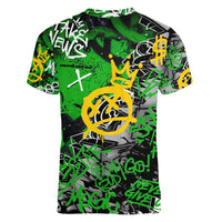 Graffiti Street Art Women V-Neck T-Shirt Smoking Ape Character and Neon Crown Symbols in Green and Yellow Graphic Design - Wonder Print Shop