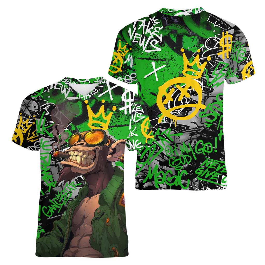 Graffiti Street Art Women V-Neck T-Shirt Smoking Ape Character and Neon Crown Symbols in Green and Yellow Graphic Design - Wonder Print Shop