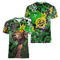 Graffiti Street Art Women V-Neck T-Shirt Smoking Ape Character and Neon Crown Symbols in Green and Yellow Graphic Design - Wonder Print Shop