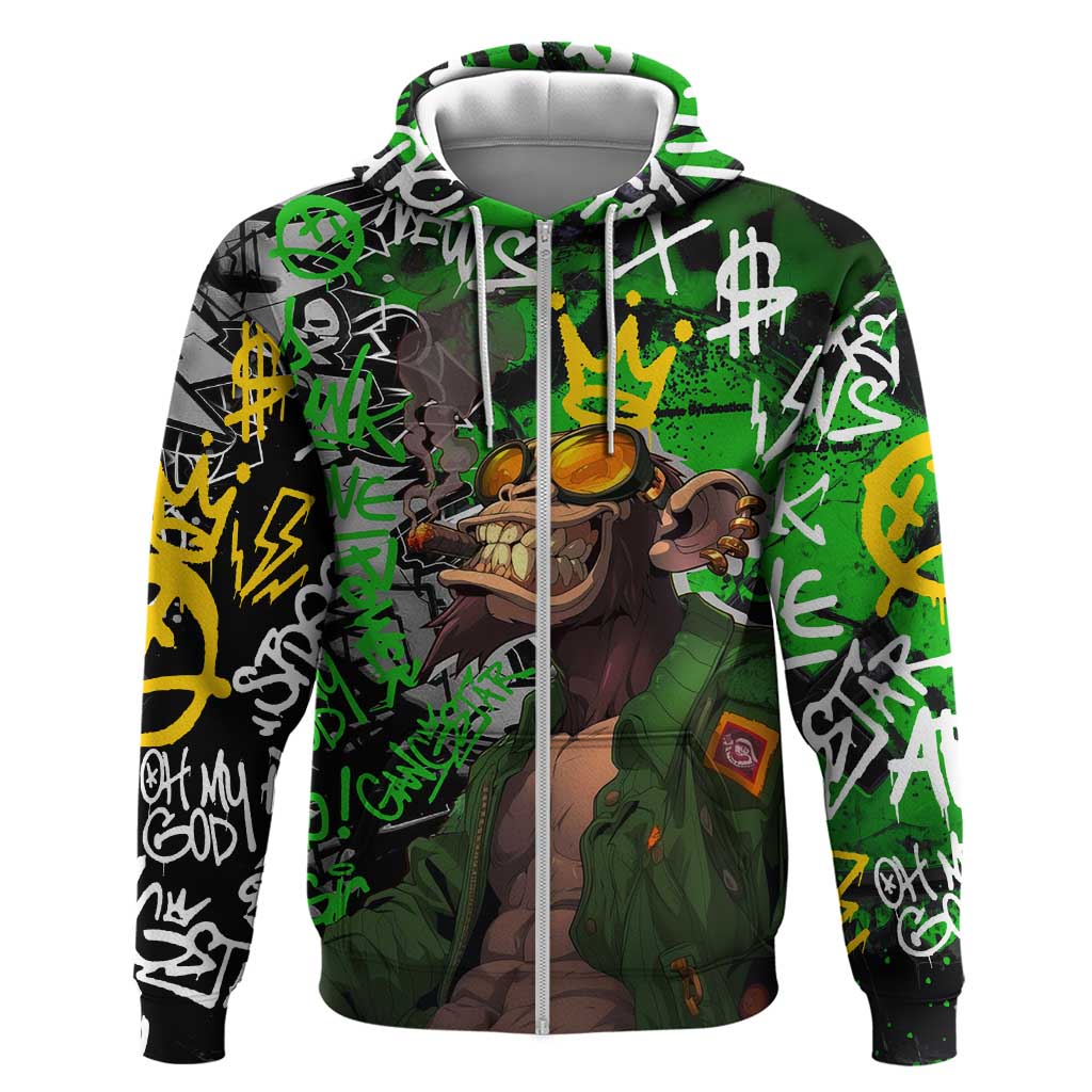 Graffiti Street Art Zip Hoodie Smoking Ape Character and Neon Crown Symbols in Green and Yellow Graphic Design - Wonder Print Shop