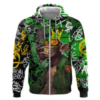 Graffiti Street Art Zip Hoodie Smoking Ape Character and Neon Crown Symbols in Green and Yellow Graphic Design - Wonder Print Shop