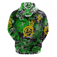 Graffiti Street Art Zip Hoodie Smoking Ape Character and Neon Crown Symbols in Green and Yellow Graphic Design - Wonder Print Shop