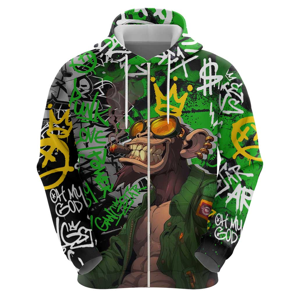 Graffiti Street Art Zip Hoodie Smoking Ape Character and Neon Crown Symbols in Green and Yellow Graphic Design - Wonder Print Shop