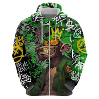 Graffiti Street Art Zip Hoodie Smoking Ape Character and Neon Crown Symbols in Green and Yellow Graphic Design - Wonder Print Shop