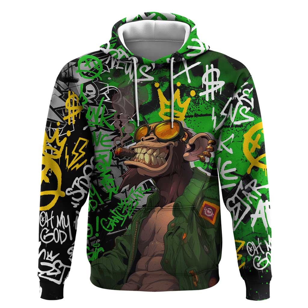 Graffiti Street Art Zip Hoodie Smoking Ape Character and Neon Crown Symbols in Green and Yellow Graphic Design - Wonder Print Shop