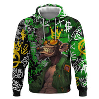 Graffiti Street Art Zip Hoodie Smoking Ape Character and Neon Crown Symbols in Green and Yellow Graphic Design - Wonder Print Shop