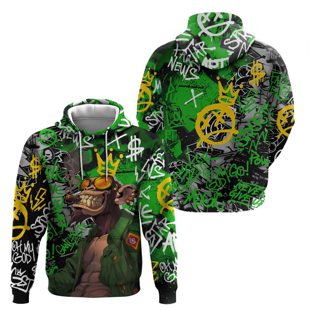 Graffiti Street Art Zip Hoodie Smoking Ape Character and Neon Crown Symbols in Green and Yellow Graphic Design - Wonder Print Shop