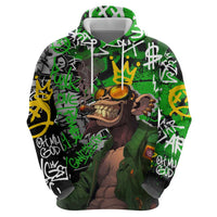 Graffiti Street Art Zip Hoodie Smoking Ape Character and Neon Crown Symbols in Green and Yellow Graphic Design - Wonder Print Shop