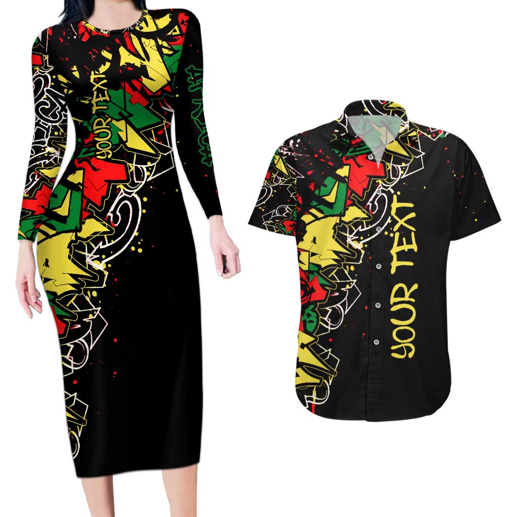 Lion King Africa Graffiti Street Art Couples Matching Long Sleeve Bodycon Dress and Hawaiian Shirt Bold Text and Neon Colors Design - Wonder Print Shop