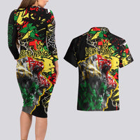 Lion King Africa Graffiti Street Art Couples Matching Long Sleeve Bodycon Dress and Hawaiian Shirt Bold Text and Neon Colors Design - Wonder Print Shop