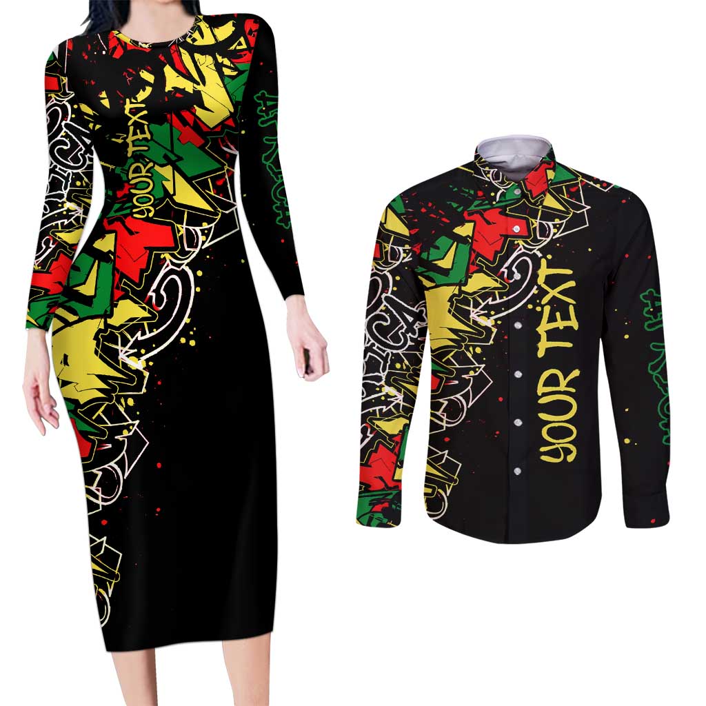 Lion King Africa Graffiti Street Art Couples Matching Long Sleeve Bodycon Dress and Long Sleeve Button Shirt Bold Text and Neon Colors Design - Wonder Print Shop