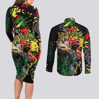 Lion King Africa Graffiti Street Art Couples Matching Long Sleeve Bodycon Dress and Long Sleeve Button Shirt Bold Text and Neon Colors Design - Wonder Print Shop