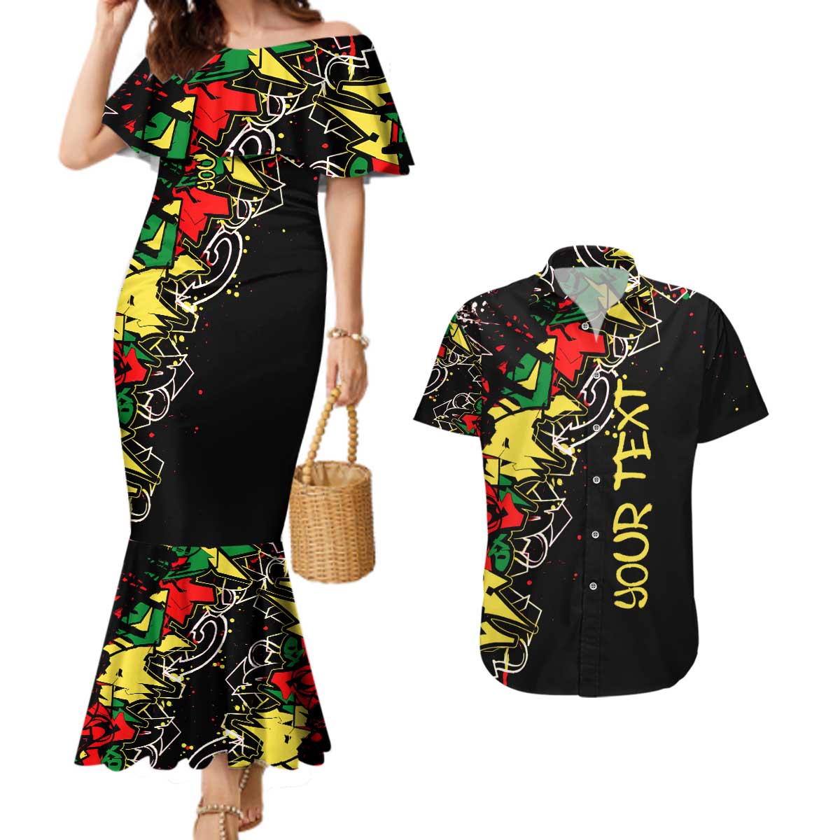 Lion King Africa Graffiti Street Art Couples Matching Mermaid Dress and Hawaiian Shirt Bold Text and Neon Colors Design - Wonder Print Shop