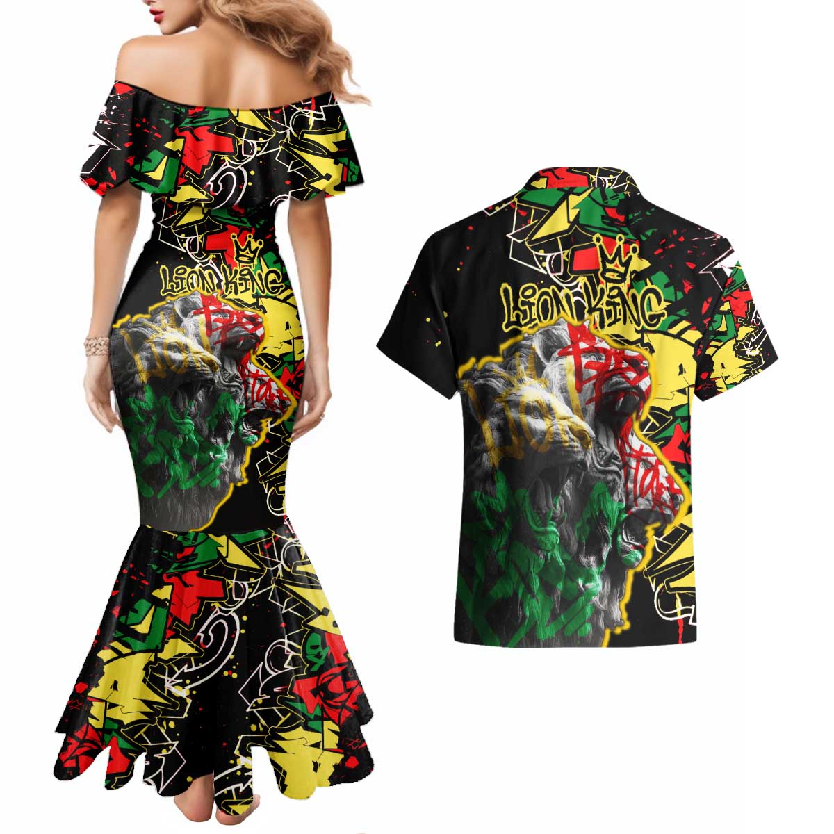 Lion King Africa Graffiti Street Art Couples Matching Mermaid Dress and Hawaiian Shirt Bold Text and Neon Colors Design - Wonder Print Shop