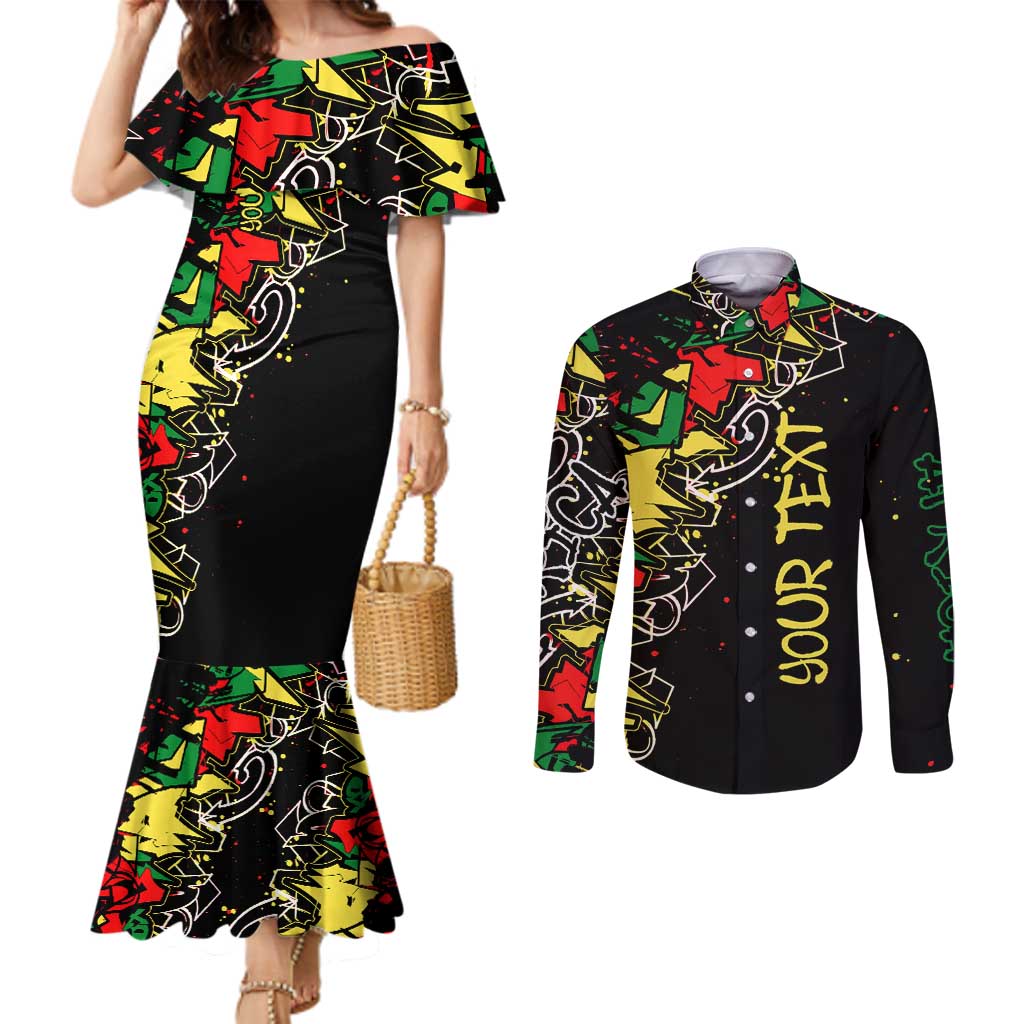 Lion King Africa Graffiti Street Art Couples Matching Mermaid Dress and Long Sleeve Button Shirt Bold Text and Neon Colors Design - Wonder Print Shop