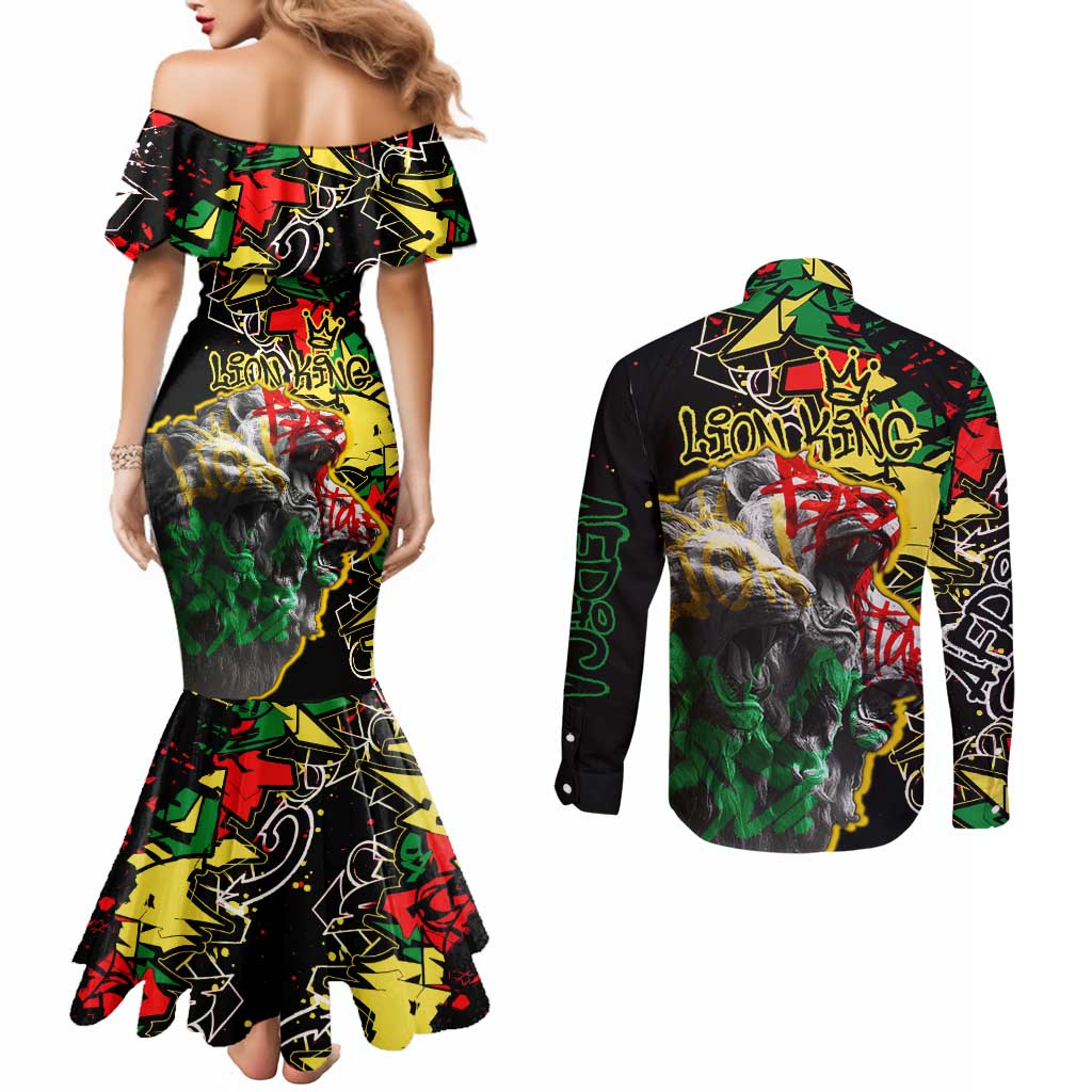 Lion King Africa Graffiti Street Art Couples Matching Mermaid Dress and Long Sleeve Button Shirt Bold Text and Neon Colors Design - Wonder Print Shop