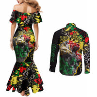 Lion King Africa Graffiti Street Art Couples Matching Mermaid Dress and Long Sleeve Button Shirt Bold Text and Neon Colors Design - Wonder Print Shop