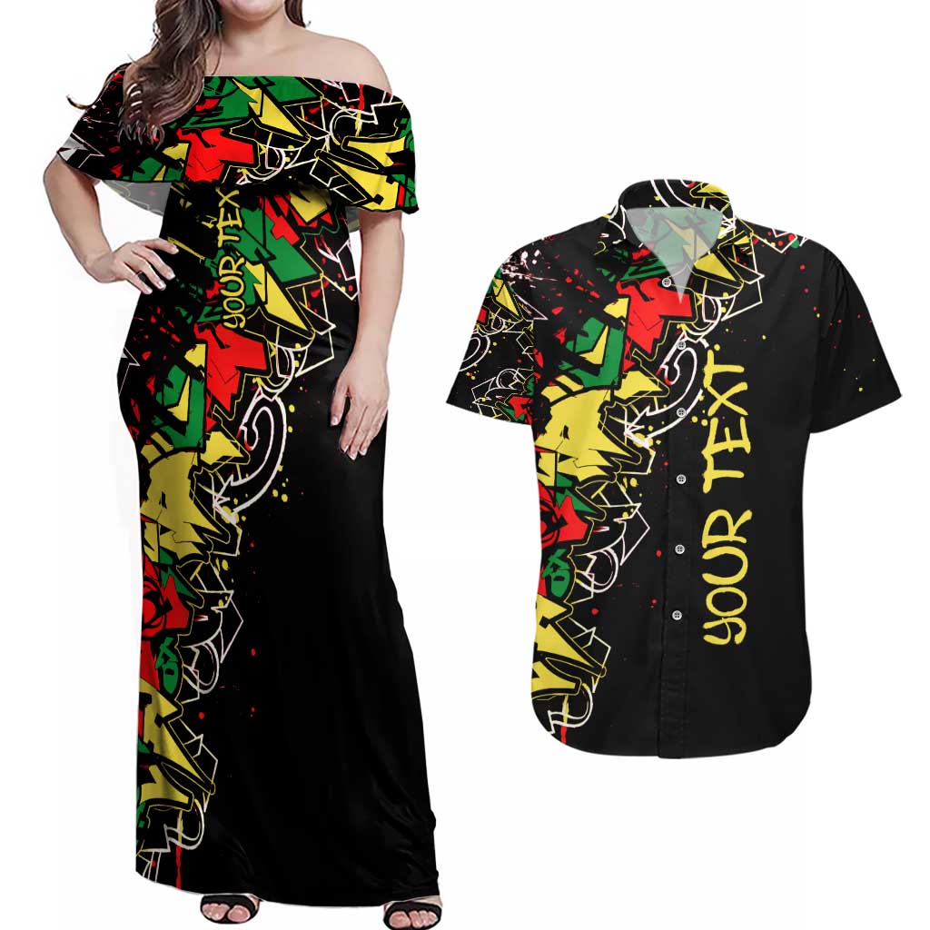 Lion King Africa Graffiti Street Art Couples Matching Off Shoulder Maxi Dress and Hawaiian Shirt Bold Text and Neon Colors Design - Wonder Print Shop