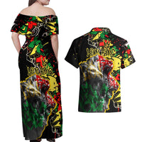 Lion King Africa Graffiti Street Art Couples Matching Off Shoulder Maxi Dress and Hawaiian Shirt Bold Text and Neon Colors Design - Wonder Print Shop