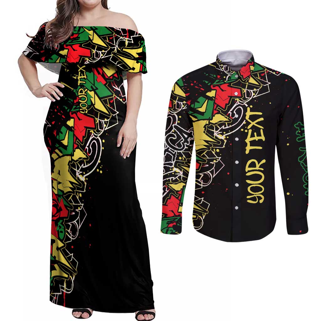 Lion King Africa Graffiti Street Art Couples Matching Off Shoulder Maxi Dress and Long Sleeve Button Shirt Bold Text and Neon Colors Design - Wonder Print Shop