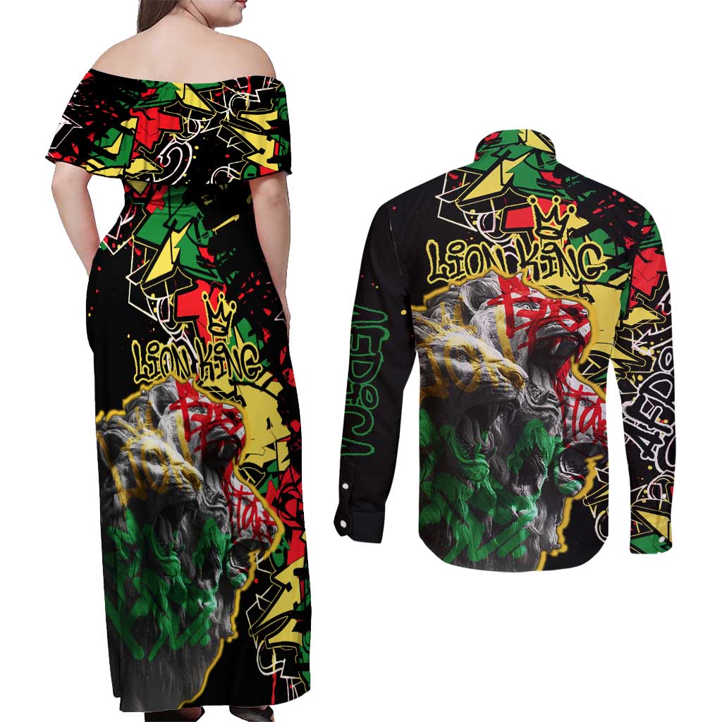 Lion King Africa Graffiti Street Art Couples Matching Off Shoulder Maxi Dress and Long Sleeve Button Shirt Bold Text and Neon Colors Design - Wonder Print Shop