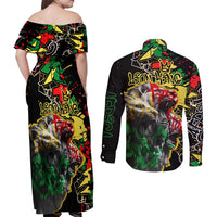 Lion King Africa Graffiti Street Art Couples Matching Off Shoulder Maxi Dress and Long Sleeve Button Shirt Bold Text and Neon Colors Design - Wonder Print Shop