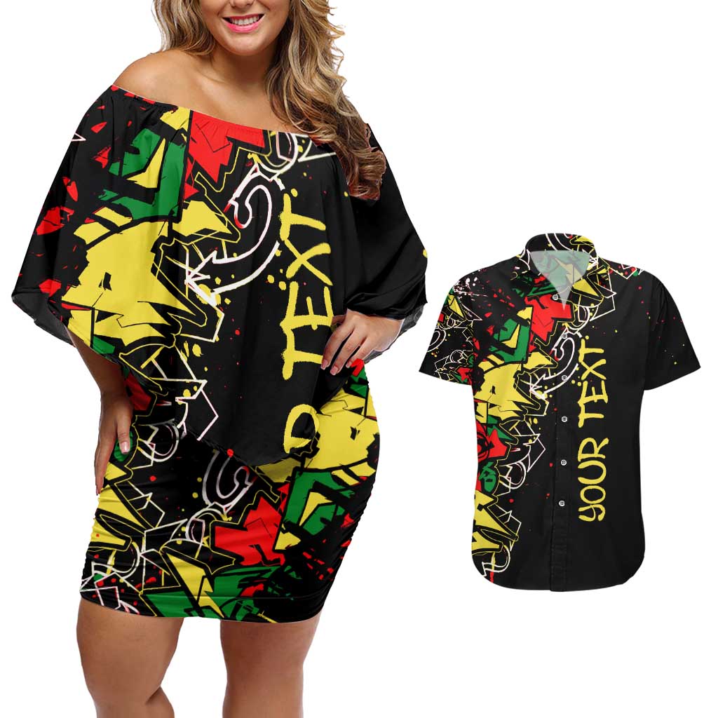 Lion King Africa Graffiti Street Art Couples Matching Off Shoulder Short Dress and Hawaiian Shirt Bold Text and Neon Colors Design - Wonder Print Shop