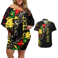 Lion King Africa Graffiti Street Art Couples Matching Off Shoulder Short Dress and Hawaiian Shirt Bold Text and Neon Colors Design - Wonder Print Shop