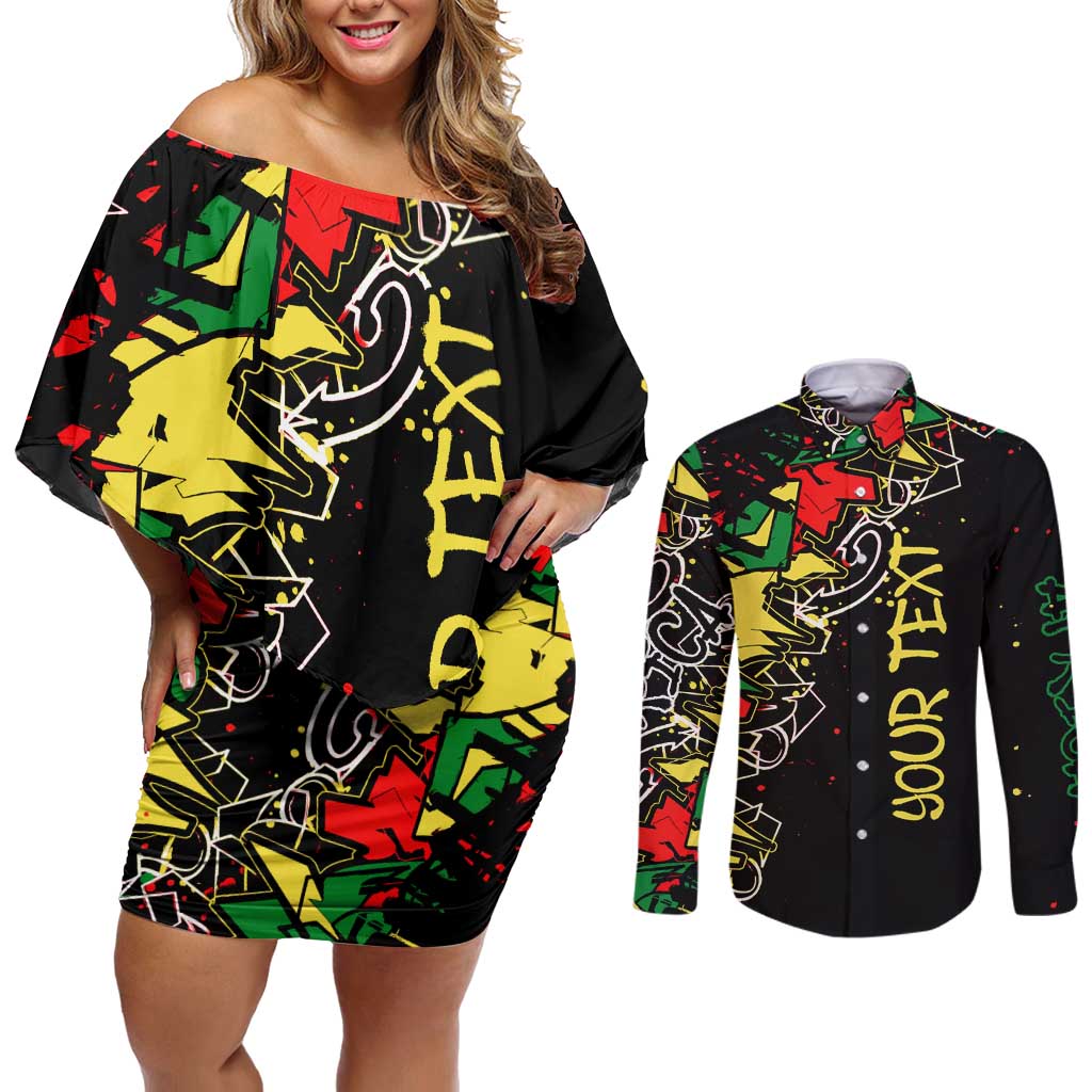 Lion King Africa Graffiti Street Art Couples Matching Off Shoulder Short Dress and Long Sleeve Button Shirt Bold Text and Neon Colors Design - Wonder Print Shop