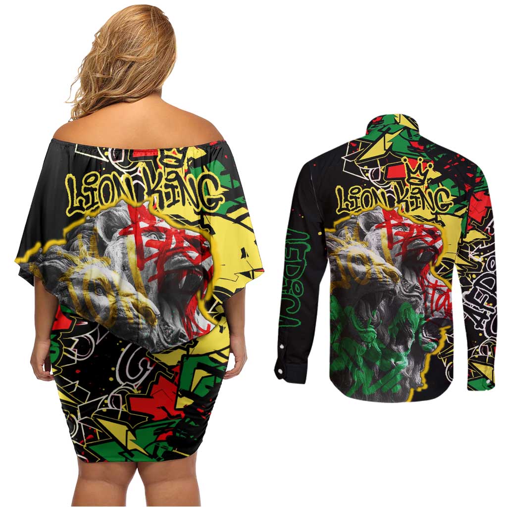 Lion King Africa Graffiti Street Art Couples Matching Off Shoulder Short Dress and Long Sleeve Button Shirt Bold Text and Neon Colors Design - Wonder Print Shop
