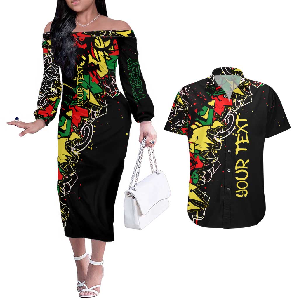 Lion King Africa Graffiti Street Art Couples Matching Off The Shoulder Long Sleeve Dress and Hawaiian Shirt Bold Text and Neon Colors Design - Wonder Print Shop
