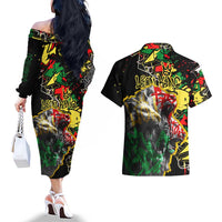 Lion King Africa Graffiti Street Art Couples Matching Off The Shoulder Long Sleeve Dress and Hawaiian Shirt Bold Text and Neon Colors Design - Wonder Print Shop