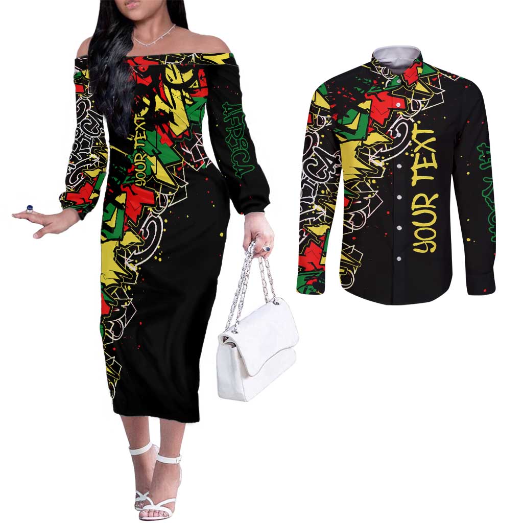 Lion King Africa Graffiti Street Art Couples Matching Off The Shoulder Long Sleeve Dress and Long Sleeve Button Shirt Bold Text and Neon Colors Design - Wonder Print Shop