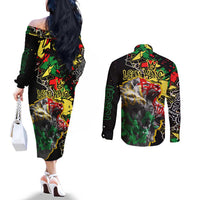 Lion King Africa Graffiti Street Art Couples Matching Off The Shoulder Long Sleeve Dress and Long Sleeve Button Shirt Bold Text and Neon Colors Design - Wonder Print Shop