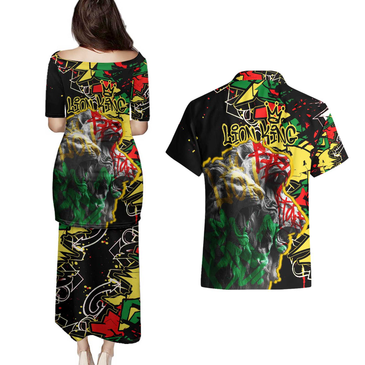 Lion King Africa Graffiti Street Art Couples Matching Puletasi and Hawaiian Shirt Bold Text and Neon Colors Design - Wonder Print Shop
