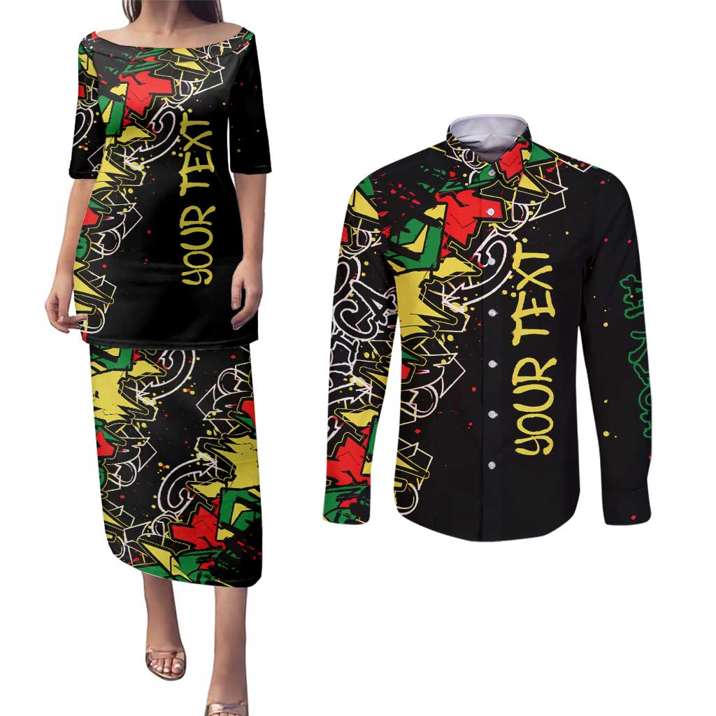 Lion King Africa Graffiti Street Art Couples Matching Puletasi and Long Sleeve Button Shirt Bold Text and Neon Colors Design - Wonder Print Shop