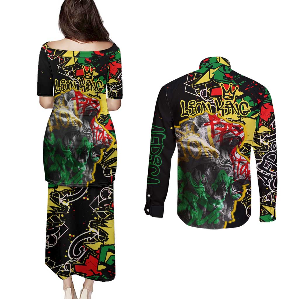 Lion King Africa Graffiti Street Art Couples Matching Puletasi and Long Sleeve Button Shirt Bold Text and Neon Colors Design - Wonder Print Shop