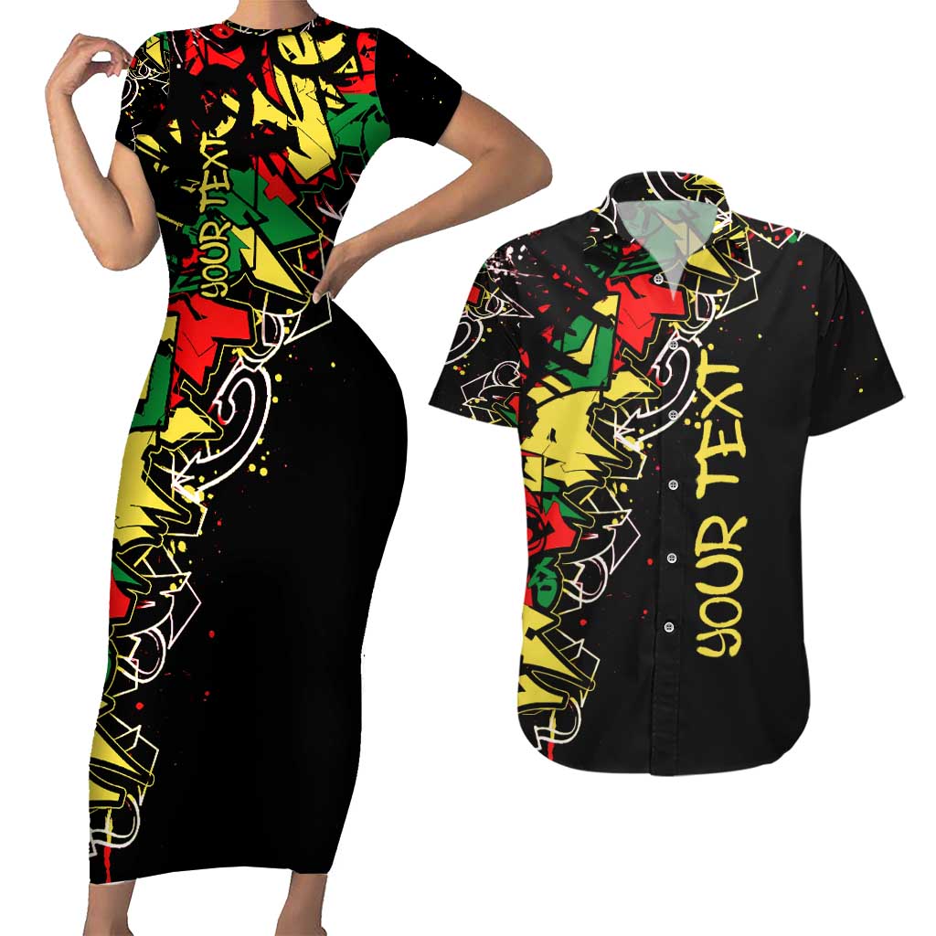 Lion King Africa Graffiti Street Art Couples Matching Short Sleeve Bodycon Dress and Hawaiian Shirt Bold Text and Neon Colors Design - Wonder Print Shop