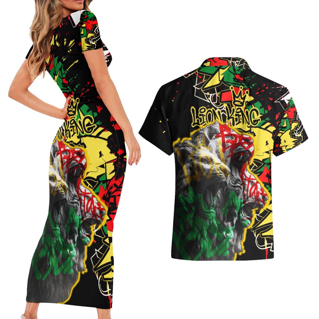 Lion King Africa Graffiti Street Art Couples Matching Short Sleeve Bodycon Dress and Hawaiian Shirt Bold Text and Neon Colors Design - Wonder Print Shop