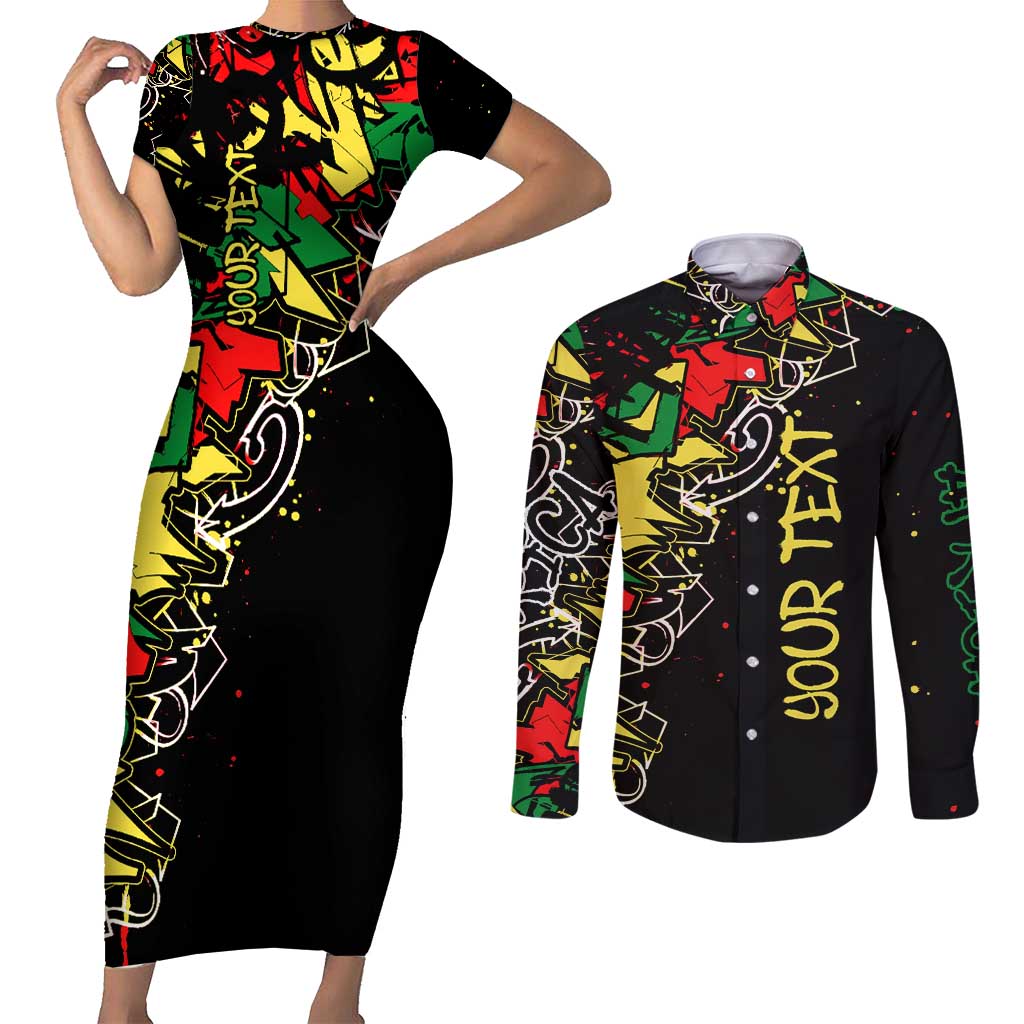 Lion King Africa Graffiti Street Art Couples Matching Short Sleeve Bodycon Dress and Long Sleeve Button Shirt Bold Text and Neon Colors Design - Wonder Print Shop