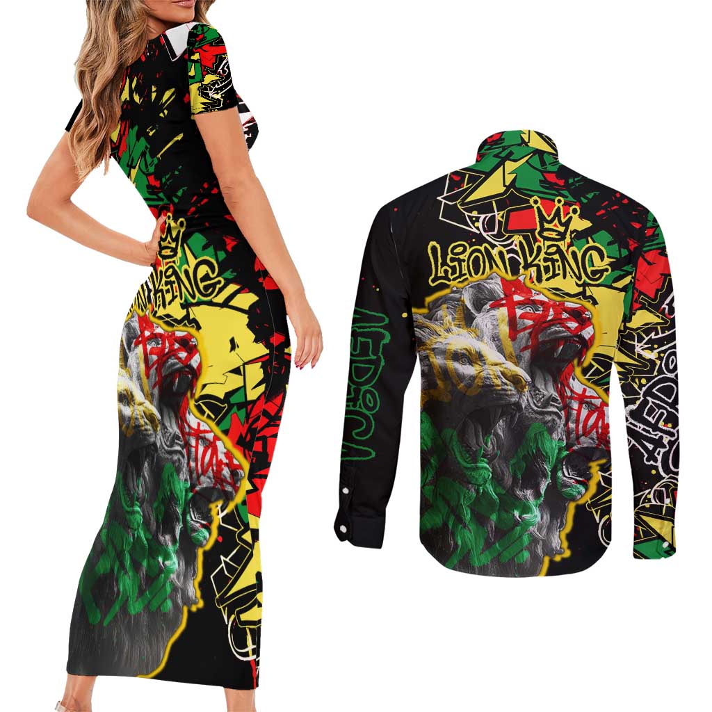 Lion King Africa Graffiti Street Art Couples Matching Short Sleeve Bodycon Dress and Long Sleeve Button Shirt Bold Text and Neon Colors Design - Wonder Print Shop